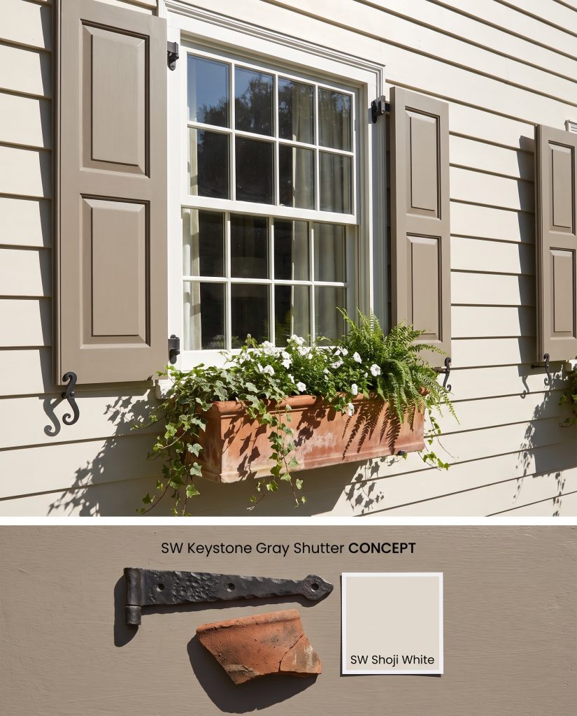 A split digital conceptual board featuring taupe gray colonial window shutters on top and a material flat-lay below.