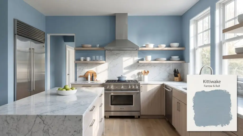 Sleek stainless steel appliances and light ash wood cabinetry stand out against clean blue walls painted in Kittiwake 307 (Hex #98acba).