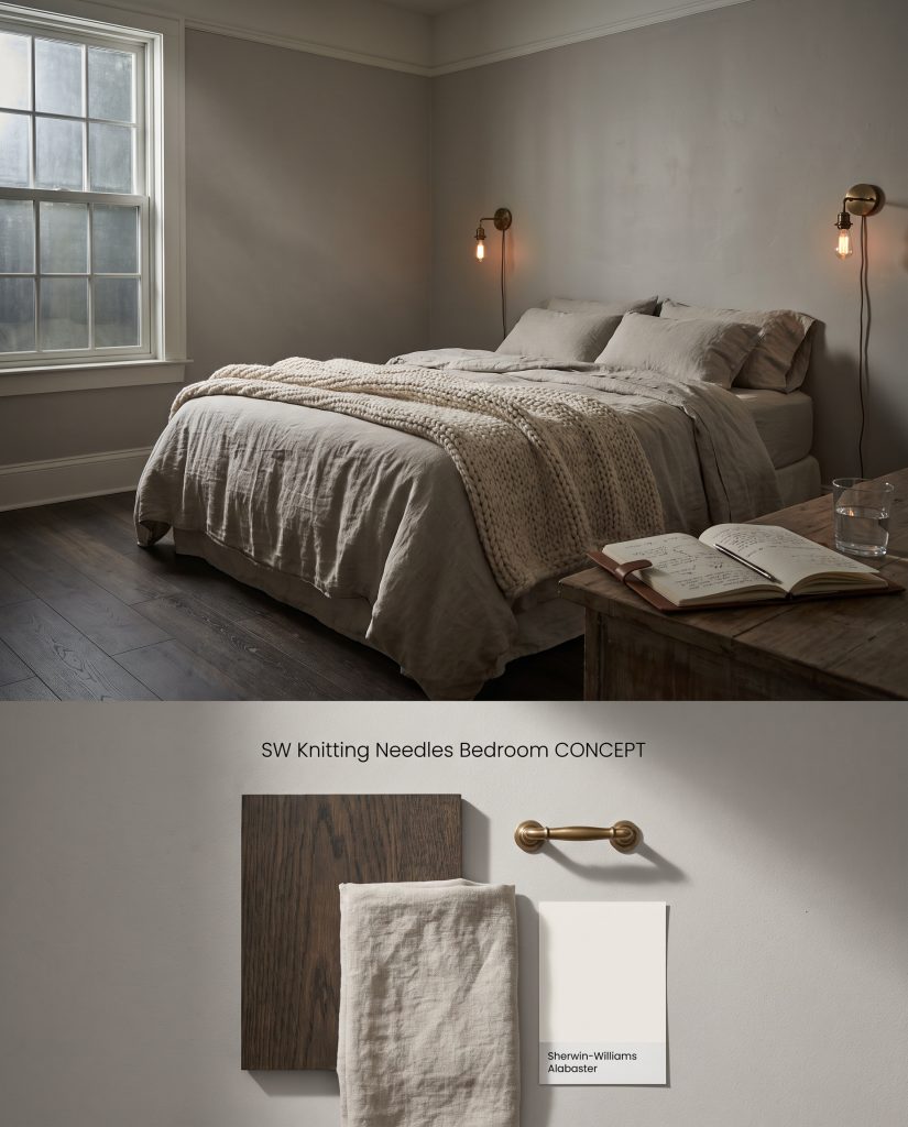 A digital conceptual board splitting a moody bedroom scene from a textured bottom section featuring smoked oak, washed linen, and brass fixtures.