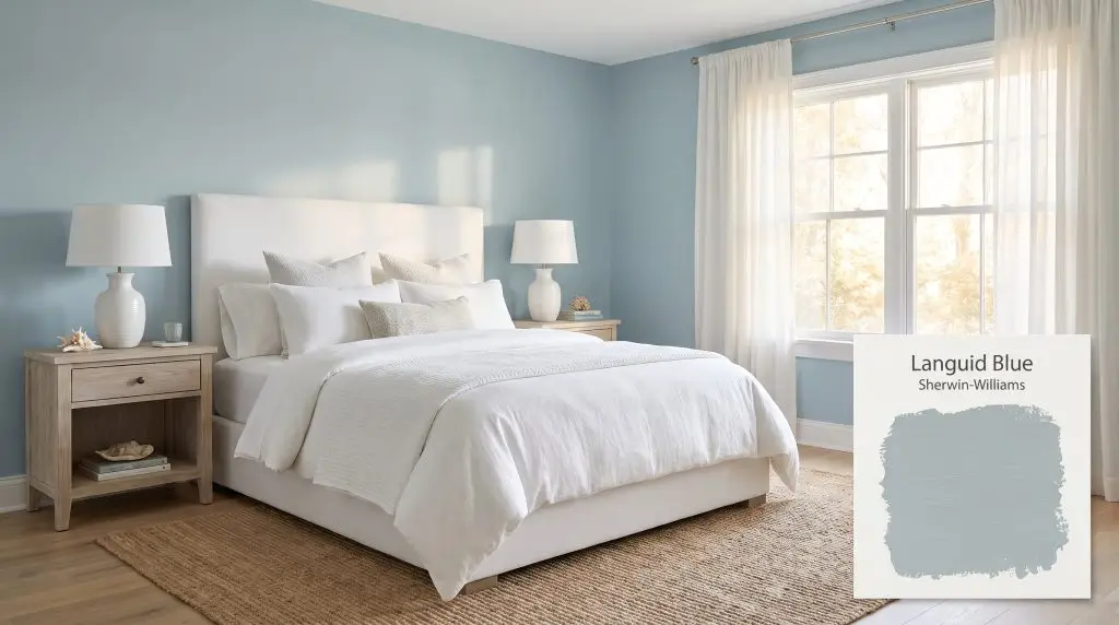 Crisp white bedding and a white upholstered headboard are flanked by light driftwood nightstands against Sherwin-Williams Languid Blue (Hex #A4B7BD) walls.