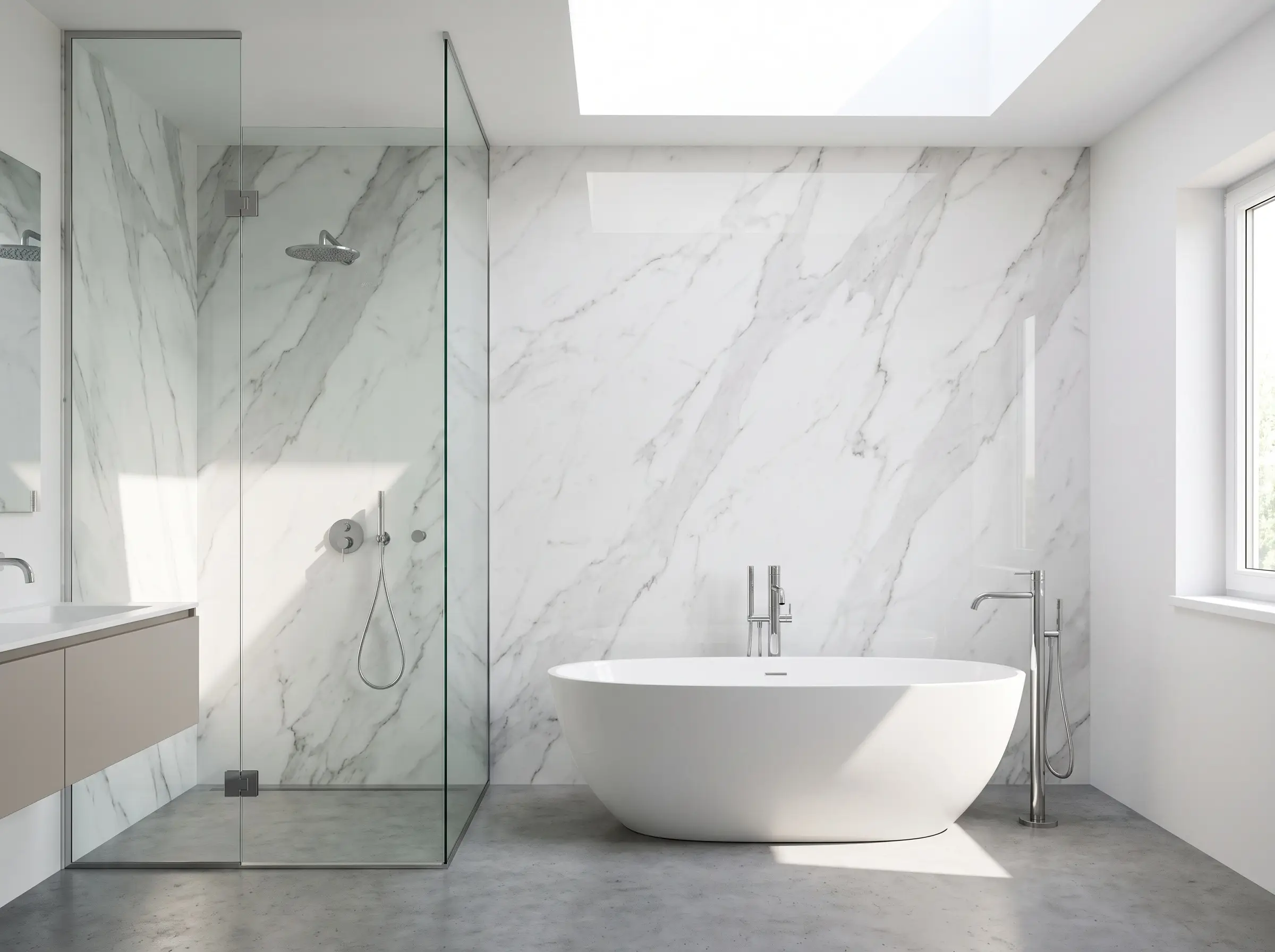 Massive large-format porcelain panels with a Statuario marble look create a seamless wet zone behind a sleek freestanding bathtub and floor-mounted polished chrome fillers in this marble bathroom design.