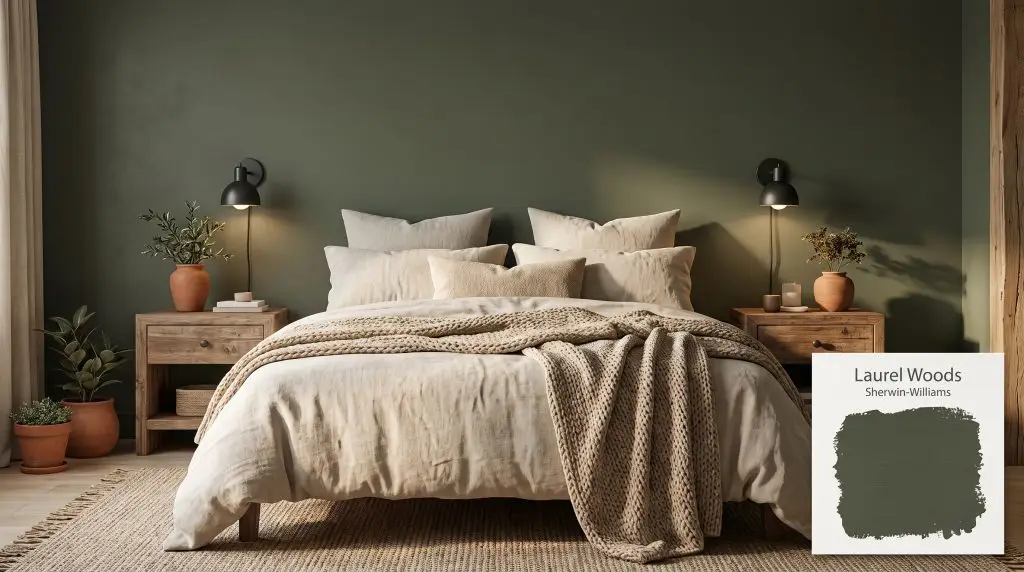 Rustic wood nightstands and natural linen bedding sit beneath deep olive green walls finished in Sherwin-Williams Laurel Woods (Hex #44493D).