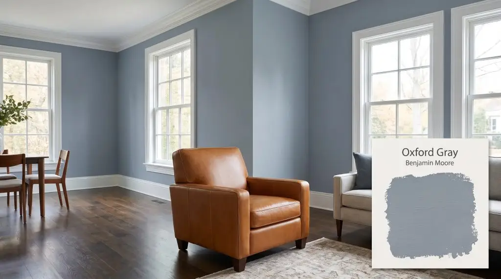 A caramel leather armchair rests on dark hardwood floors beside bright white trim in a contemporary living room painted Oxford Gray (Hex #8290A0).