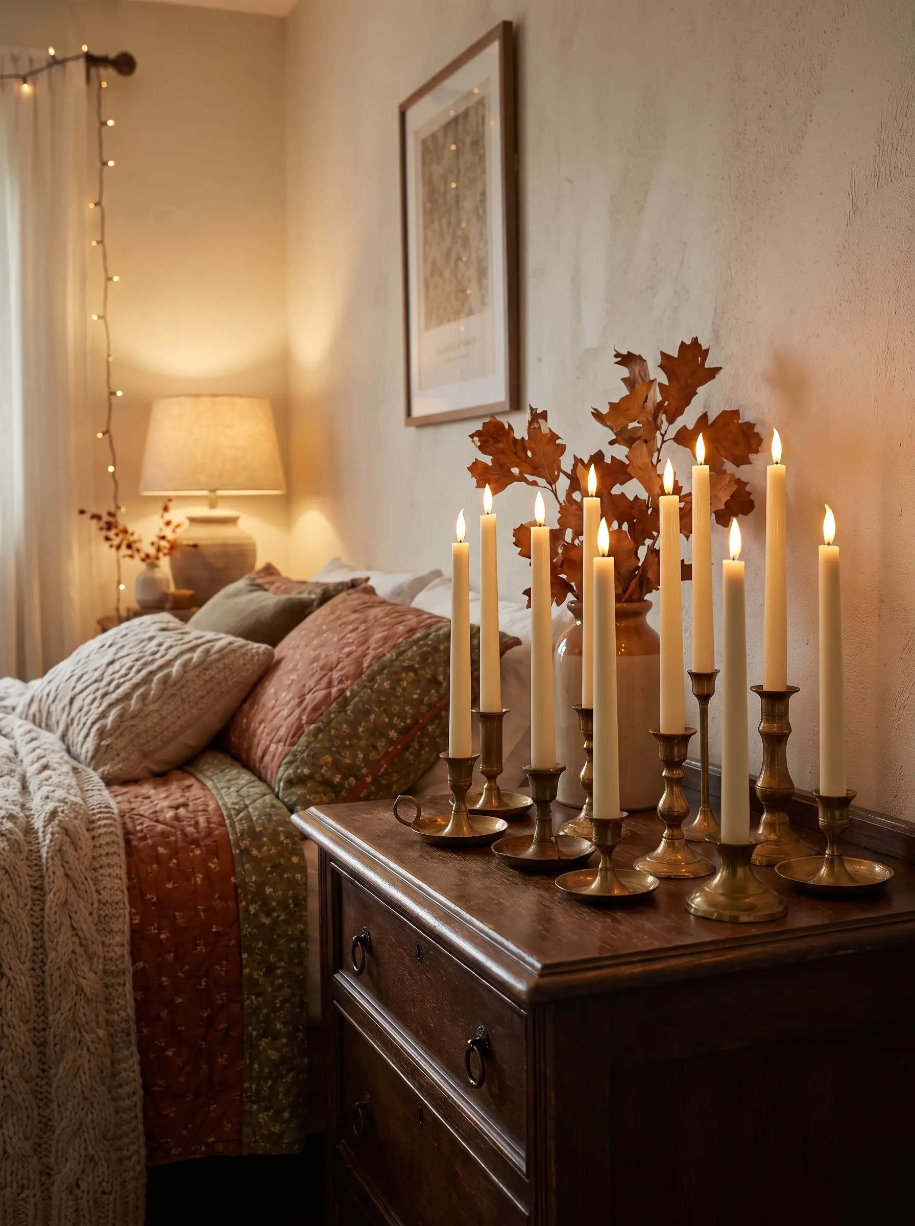 A cluster of real-wax LED taper candles in heavy brass holders sits atop a dark wood dresser surrounded by rich textiles.