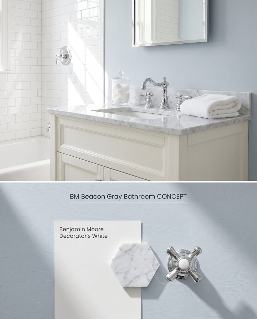 A composite digital board featuring pale blue-gray bathroom walls and a white vanity on top, with Carrara marble and polished chrome hardware samples below.