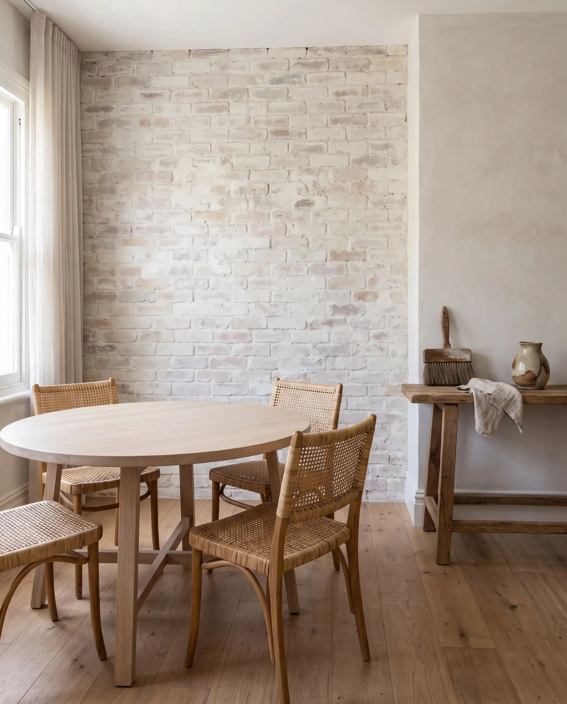 A light oak dining table and woven rattan chairs sit before a chalky limewashed brick accent wall alongside a large masonry brush and ceramic vase.