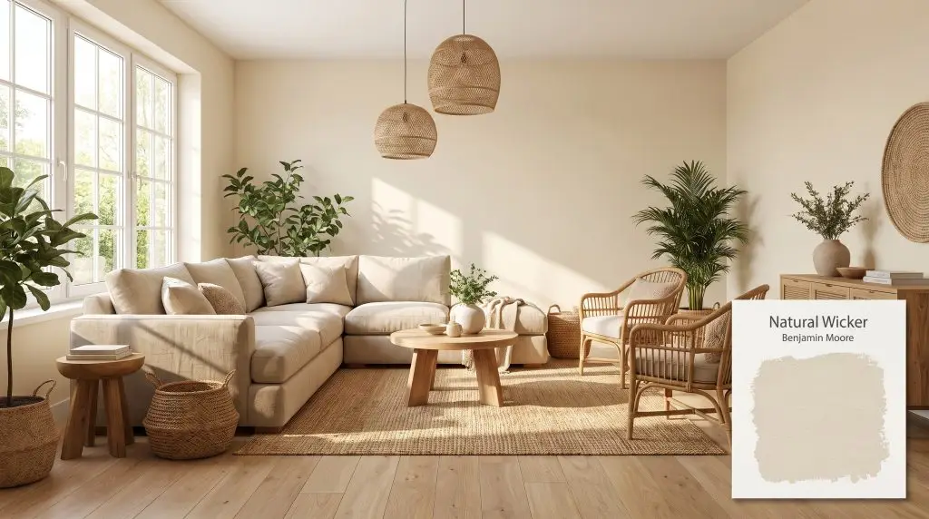 Morning sunlight brightens a cozy linen sectional and woven rattan accents in an organic modern living room painted Benjamin Moore Natural Wicker (Hex #E7DECA).