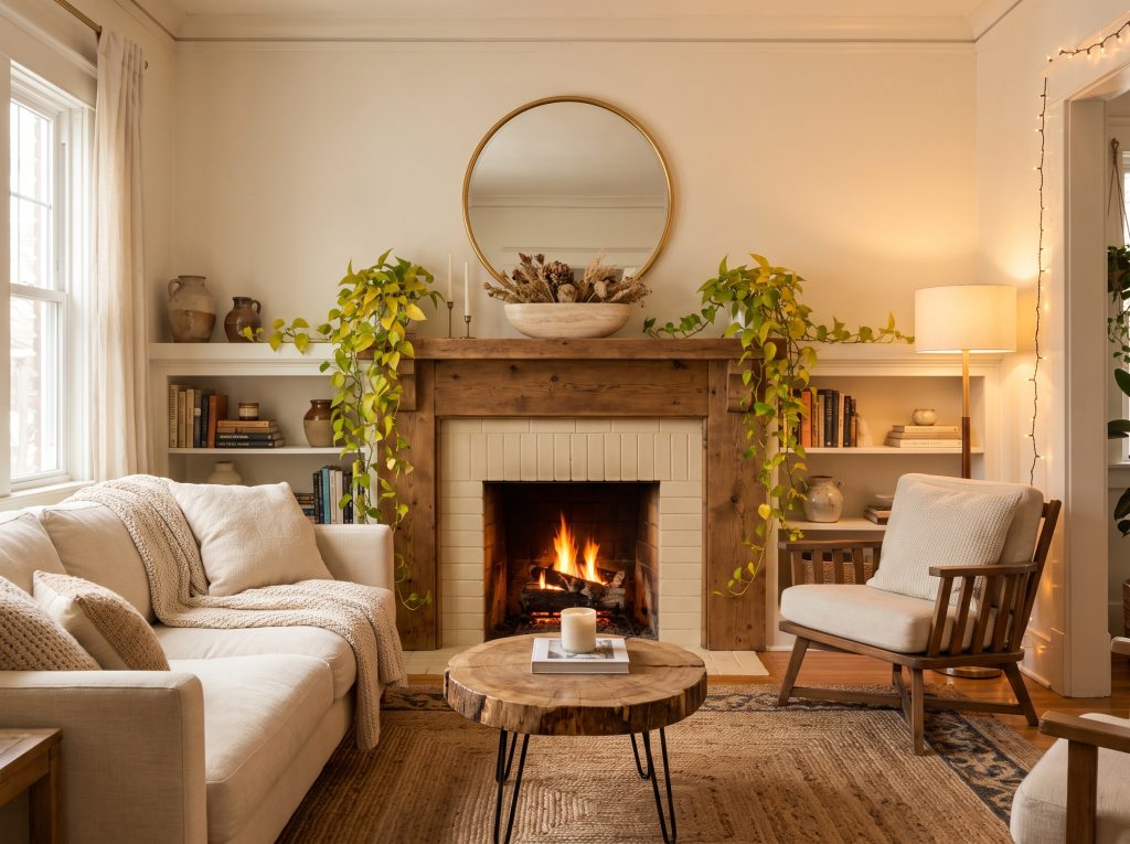A tall statement mirror, a low-profile travertine bowl, and trailing golden pothos vines anchor the mantel decor in this organic modern living room.