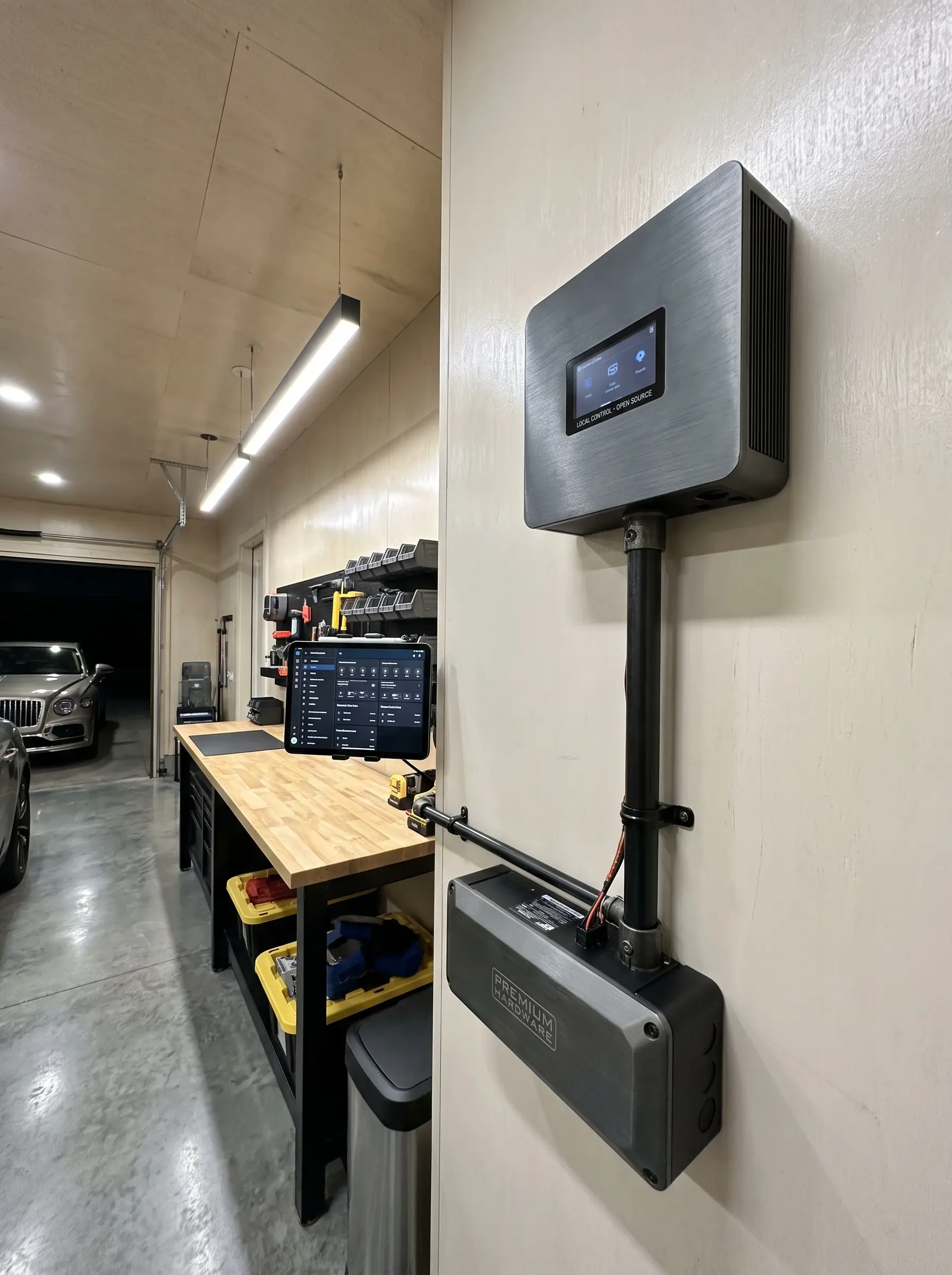 A local control smart garage opener hub connects via exposed conduit to a premium wall-mounted jackshaft opener above a well-organized wooden workbench.
