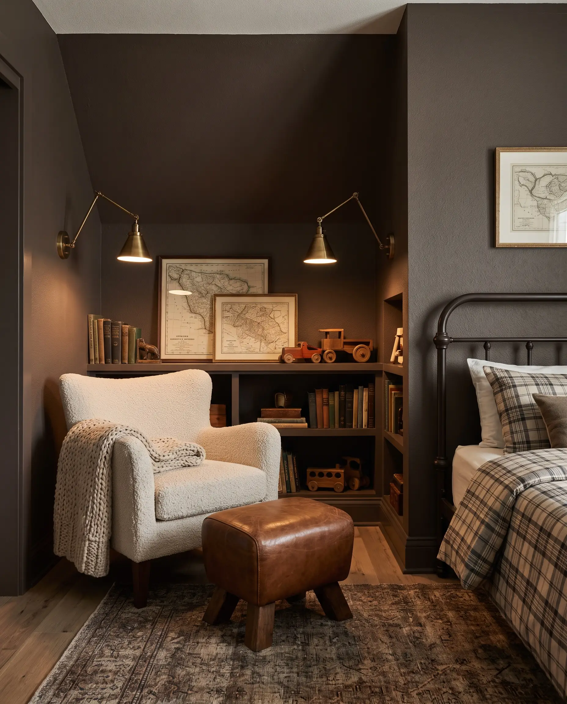 Muddy espresso brown Farrow & Ball London Clay walls surround a cozy reading nook featuring aged brass wall sconces and a warm boucle chair.