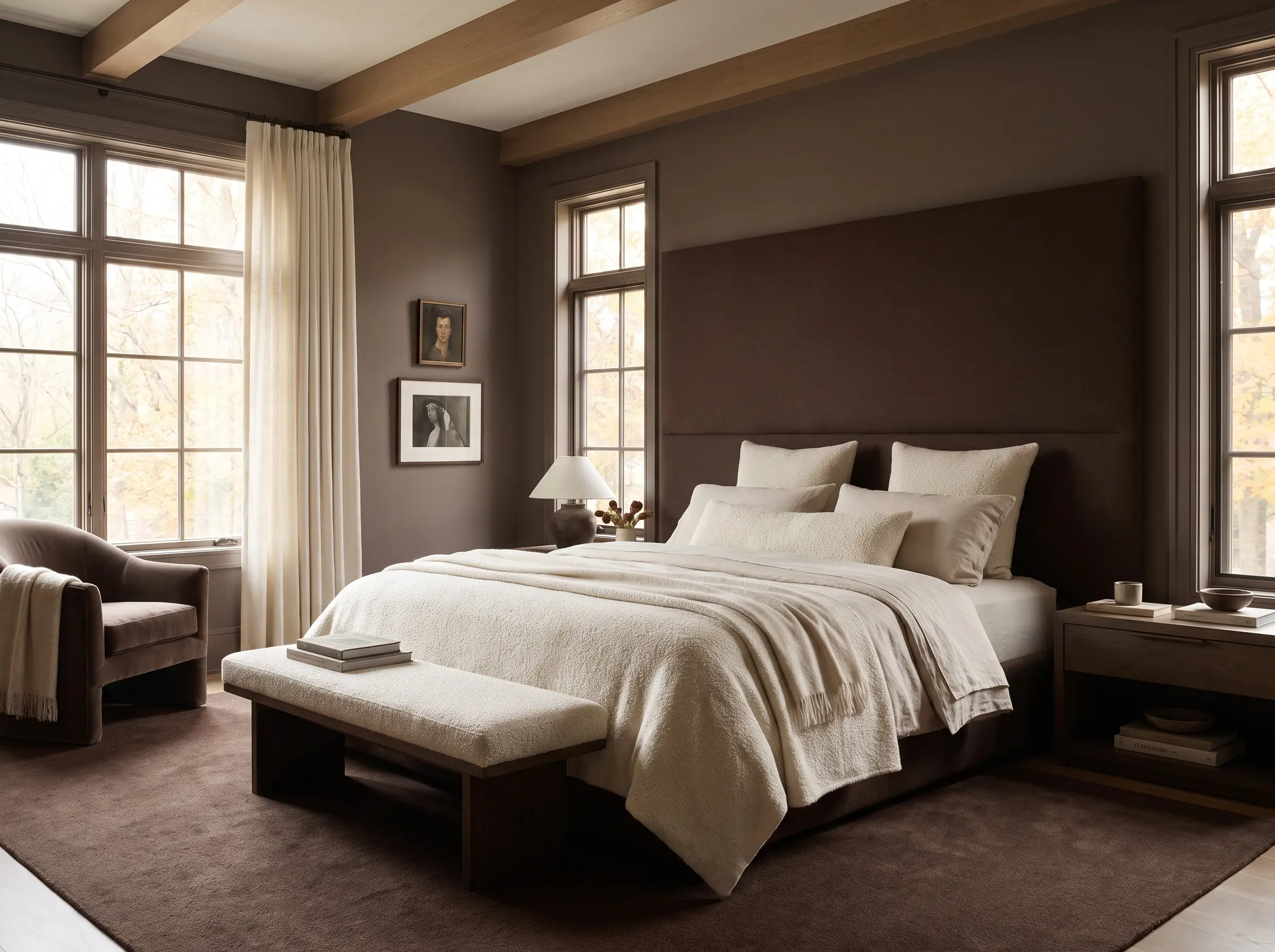 Farrow & Ball London Clay walls provide a warm backdrop for a matte chocolate brown headboard paired with creamy white bouclé textiles.