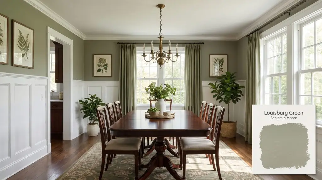 A vintage brass chandelier hangs above a dark mahogany dining table, surrounded by crisp white wainscoting and Louisburg Green walls (Hex #9C9E87).