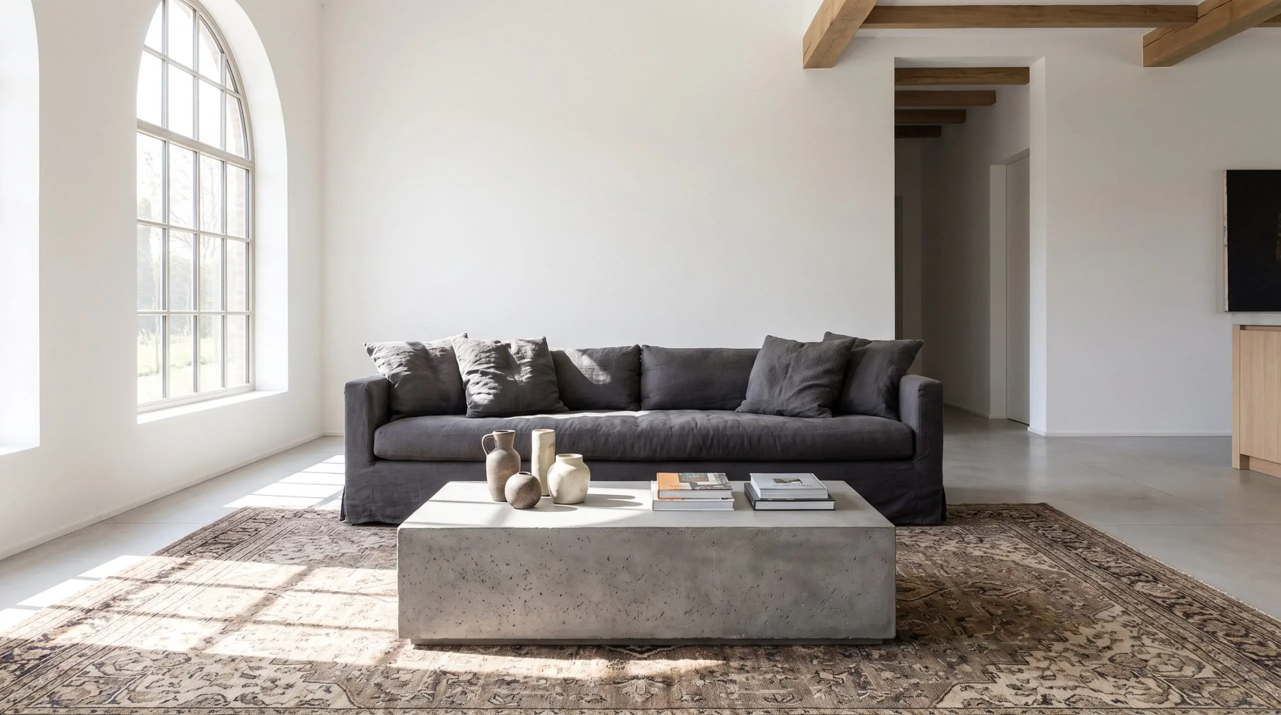 A modern minimalist living room anchored by a deep low-profile linen slipcovered sofa, a massive hand-knotted rug, and a solid cast concrete coffee table.