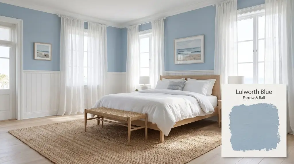 Crisp white wainscoting and sheer linen curtains frame a serene coastal bedroom painted in Farrow & Ball Lulworth Blue (Hex #9eb6c8).