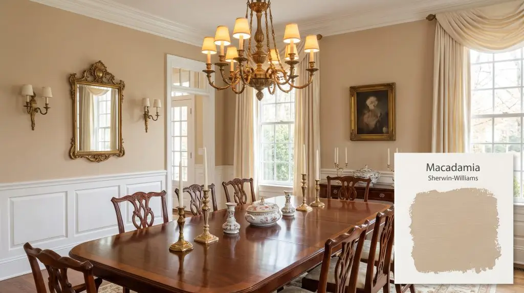 A rich mahogany dining table sits below a classic chandelier in a room featuring crisp white wainscoting and Sherwin-Williams Macadamia (Hex #CCB79B) walls.