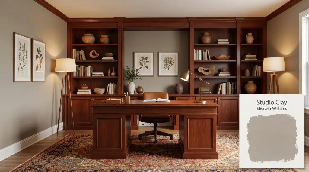 Built-in bookshelves and a rich mahogany desk rest on a vintage Persian rug surrounded by Sherwin-Williams Studio Clay (Hex #958D7F) walls.