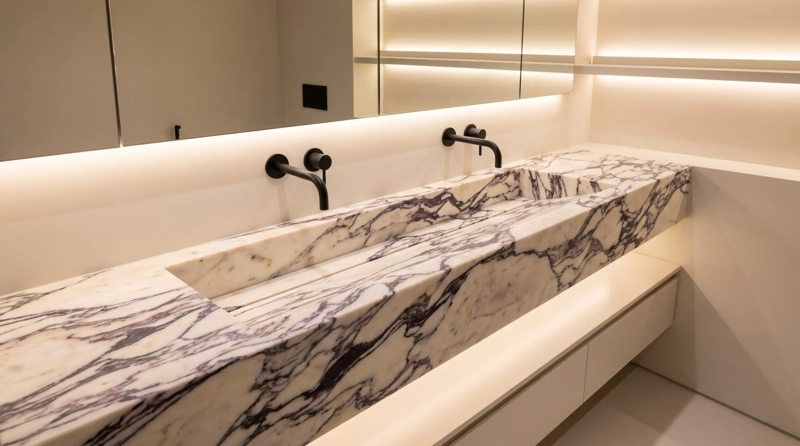 An integrated sloping trough sink built directly out of an Arabescato Corchia marble countertop features a hidden slot drain and matte black wall-mounted faucets.