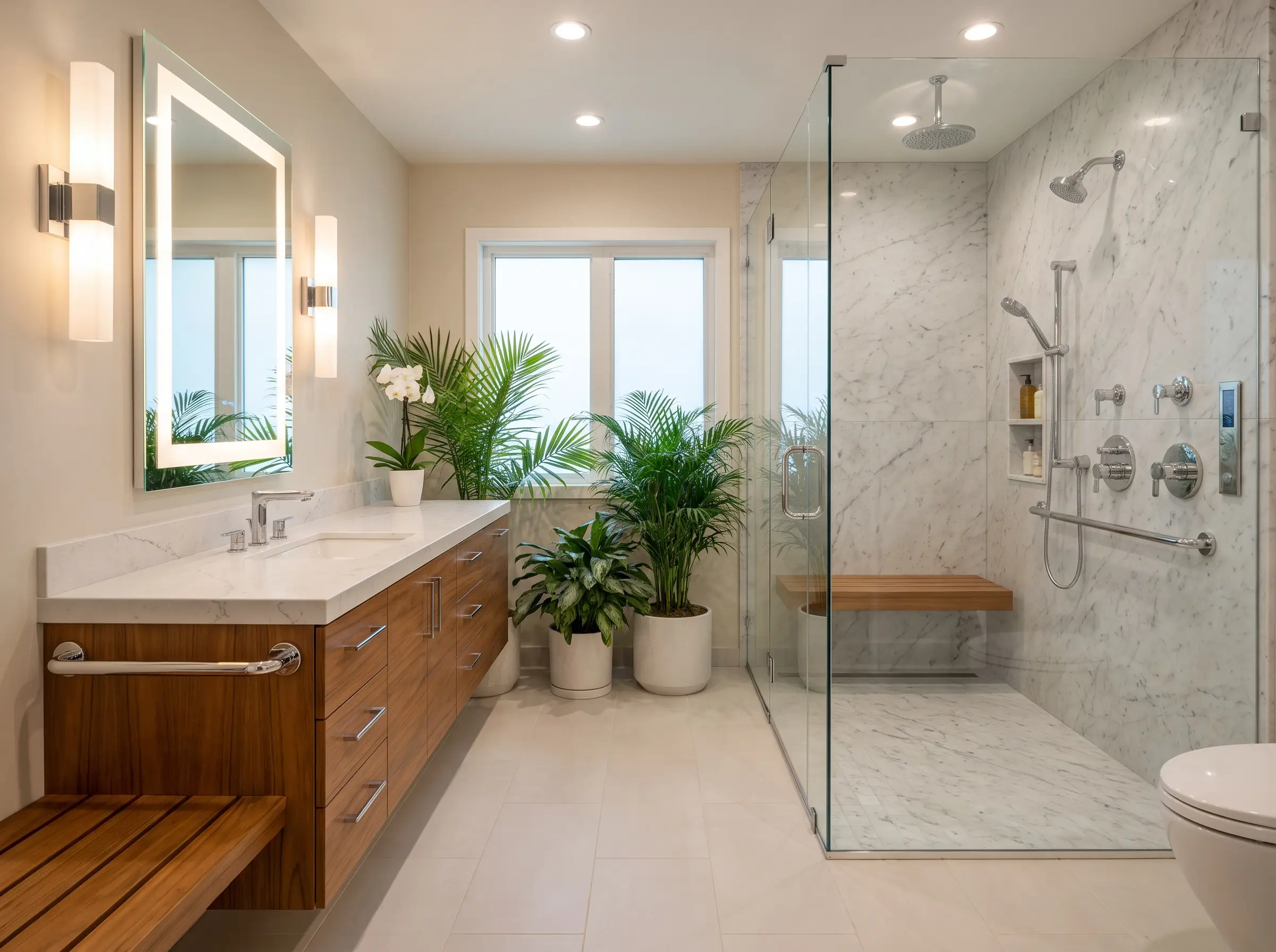High-fidelity engineered quartz with soft grey veining tops a warm teak wood vanity base alongside authentic Carrara marble shower slabs in this highly functional marble bathroom design.