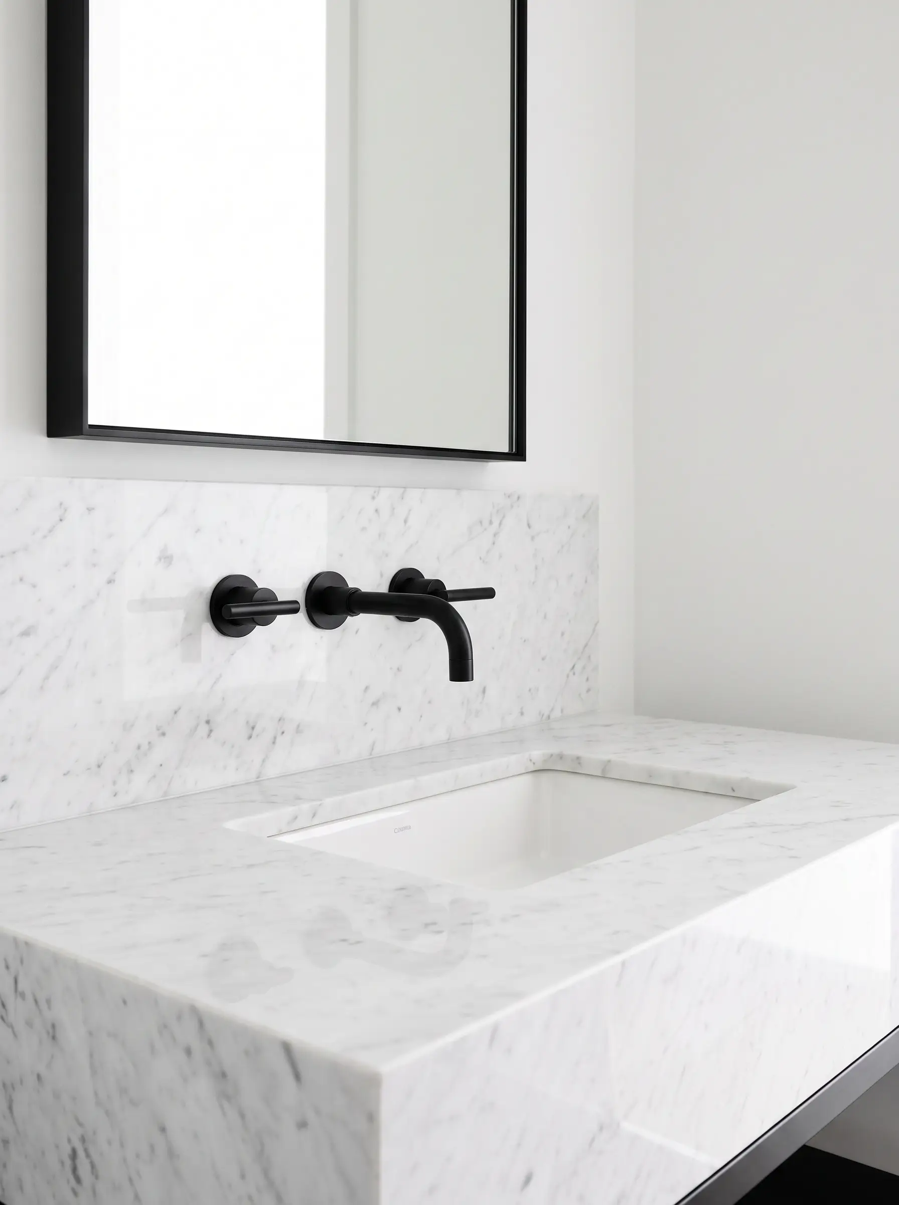 Stark matte black PVD plumbing fixtures and cabinet pulls powerfully ground an all-white Carrara marble vanity, a sleek undermount sink, and a minimalist black-framed mirror.