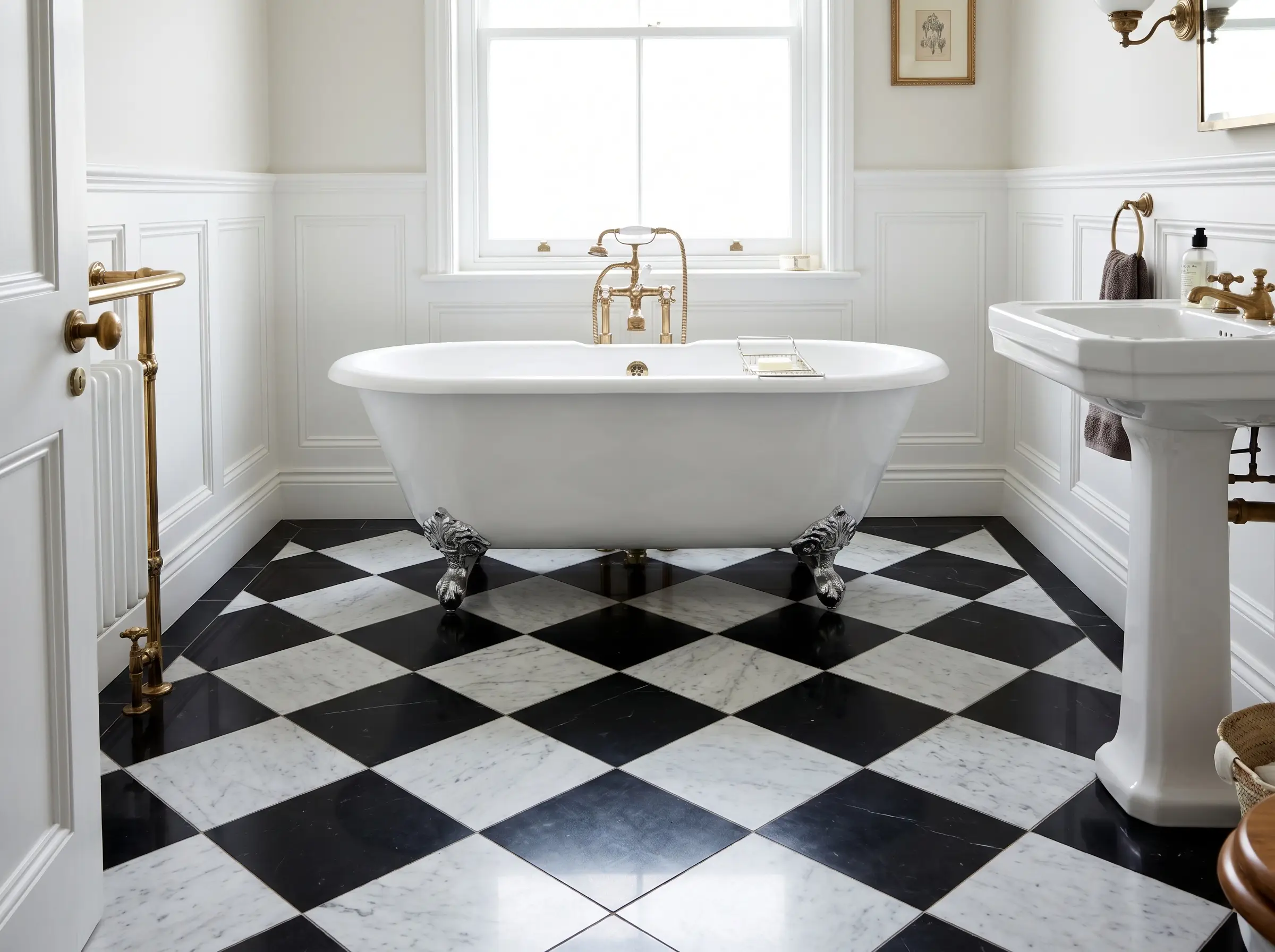 A dynamic checkerboard floor of diagonal Nero Marquina and Carrara marble tiles grounds a freestanding cast-iron bathtub with polished chrome clawfeet in this classic marble bathroom design.