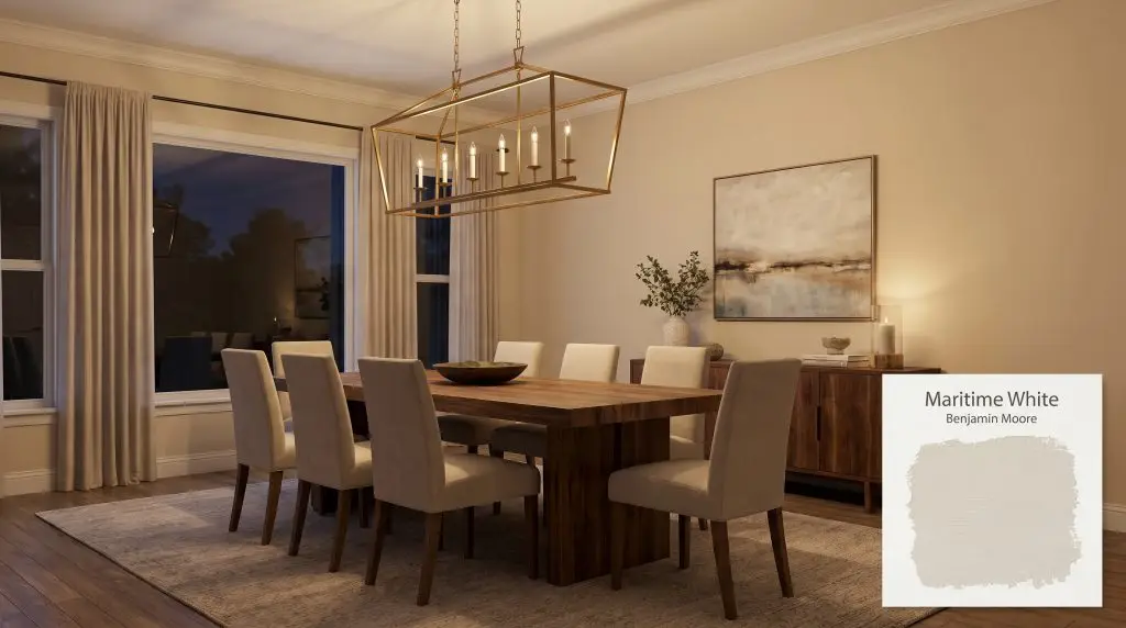 Warm ambient lighting highlights a structural brass chandelier and reclaimed walnut dining table surrounded by Maritime White (Hex #E5DECE) walls.
