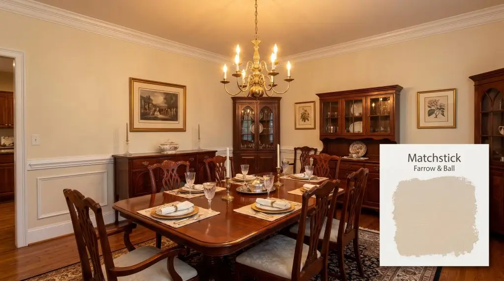A mahogany dining table and vintage brass chandelier center a traditional dining room painted in Farrow & Ball Matchstick (Hex #e2d5bc).