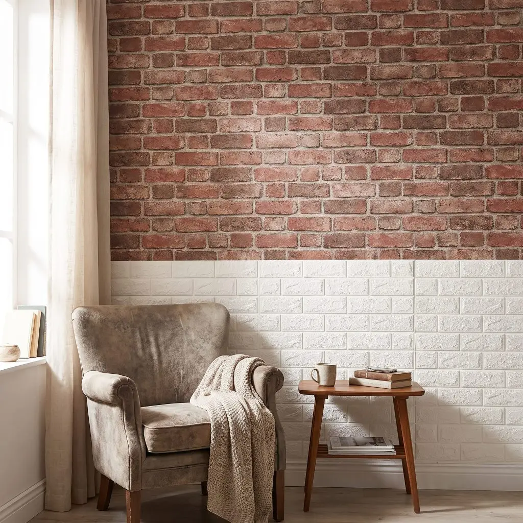 A budget-friendly seating area sits in front of a living room wall finished with matte brick wallpaper and textured foam panels.