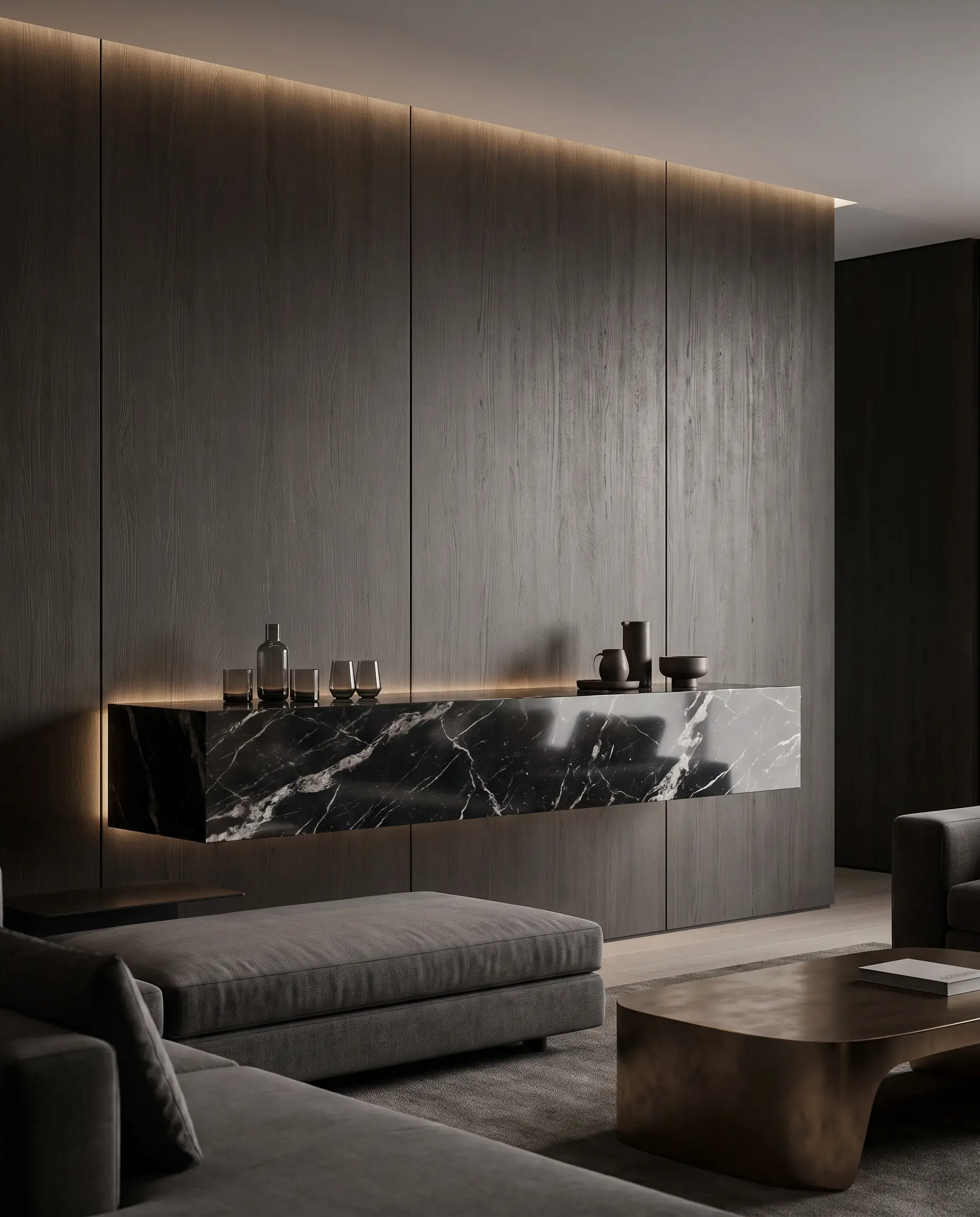 Dark matte smoked oak flat panels clash directly against a dramatic polished slab of heavily veined Nero Marquina marble acting as a floating shelf.