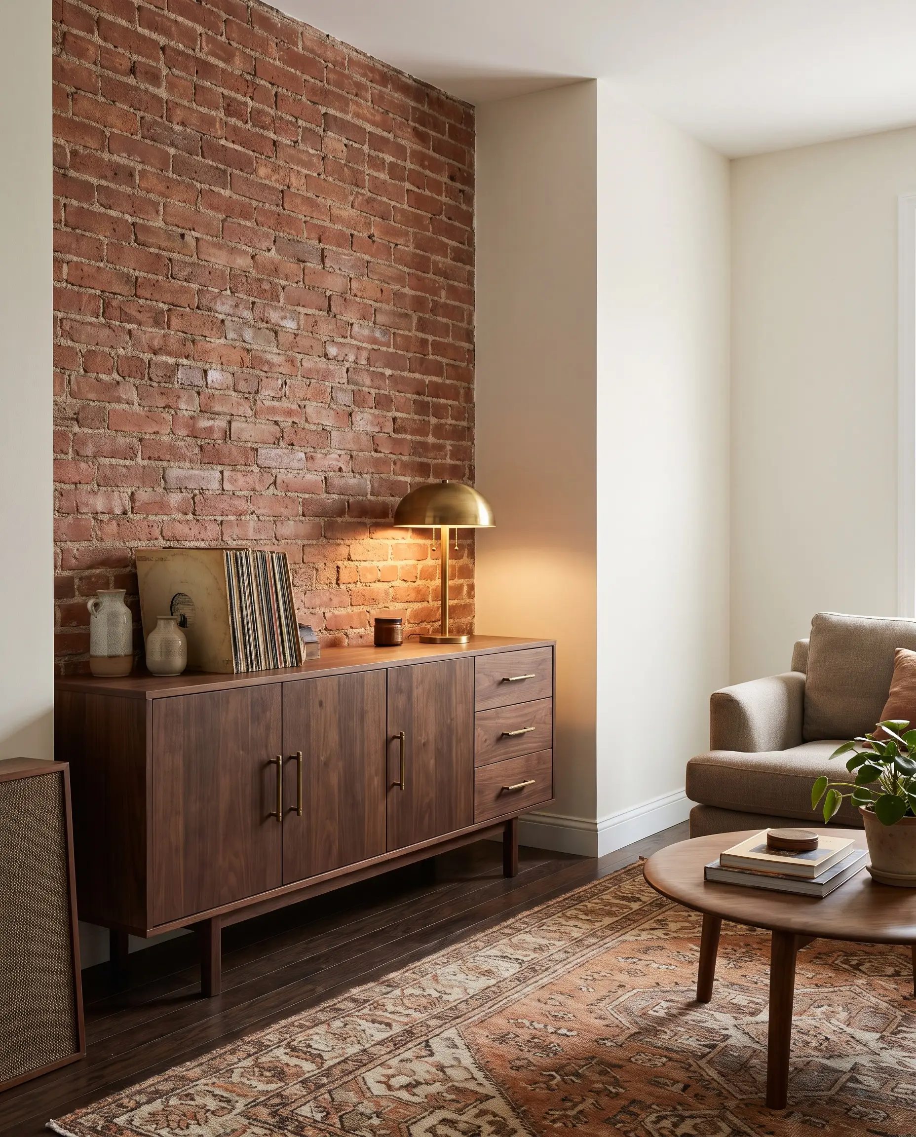 A matte walnut credenza adorned with unlacquered living brass hardware sits against a fiery raw red masonry surface beside walls painted Alabaster white.