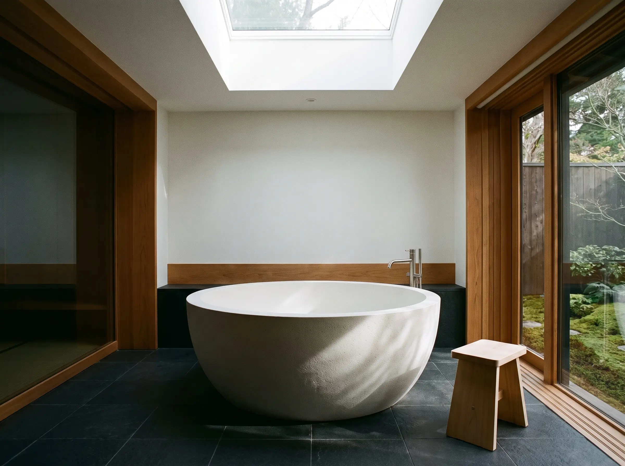 A sculptural deep circular soaking tub made of matte white resin rests gracefully on a dark basalt floor within a modern japanese bathroom design.