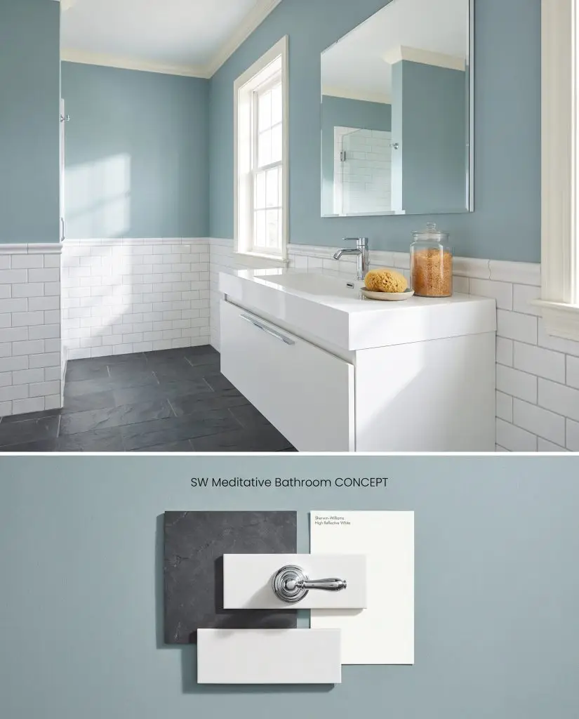 A digital conceptual board featuring a crisp bathroom with blue walls on top and a flat-lay of charcoal slate and white subway tile below.