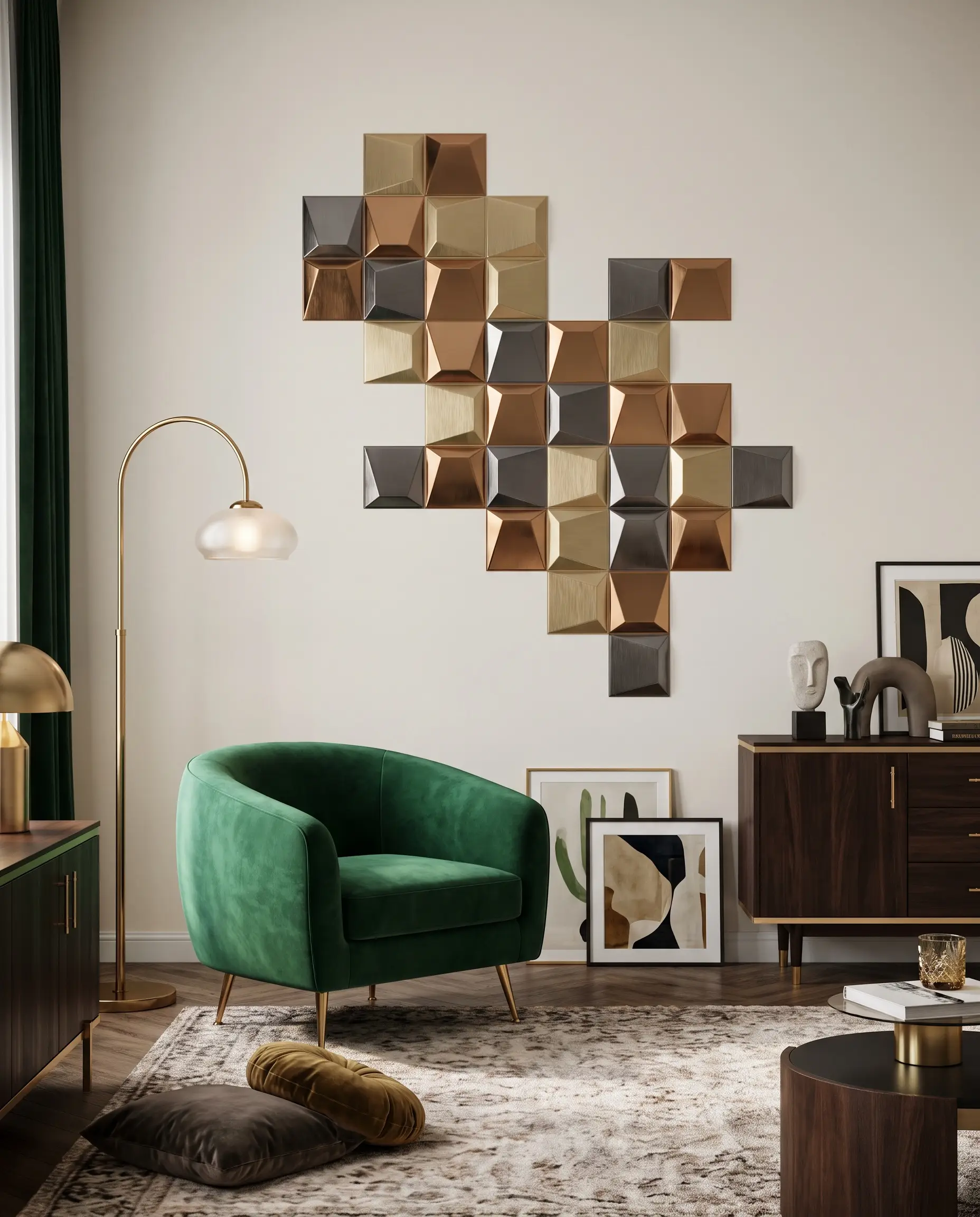 An asymmetrical cluster of geometric metallic PVC tiles floats on a Sherwin-Williams Pure White wall beside an emerald green velvet accent chair.