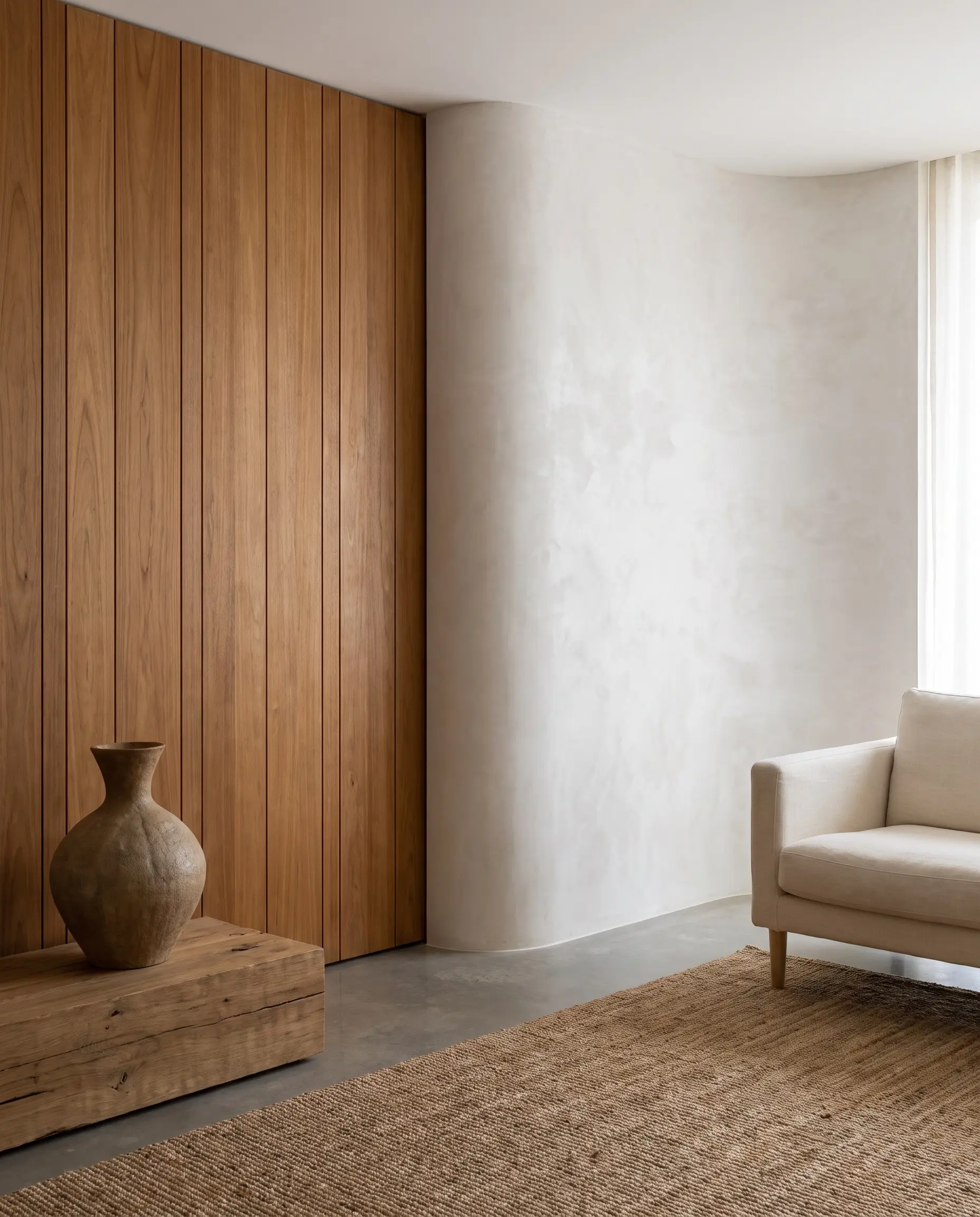 Rigid natural mid-century teak veneer panels terminate directly into a hand-troweled bone-white Venetian plaster wall behind a minimalist sculptural vase on a low pedestal.