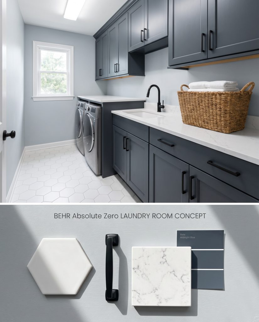 Conceptual composite board showing a laundry room with dark blue cabinets against light gray walls, above a tactile sample section.