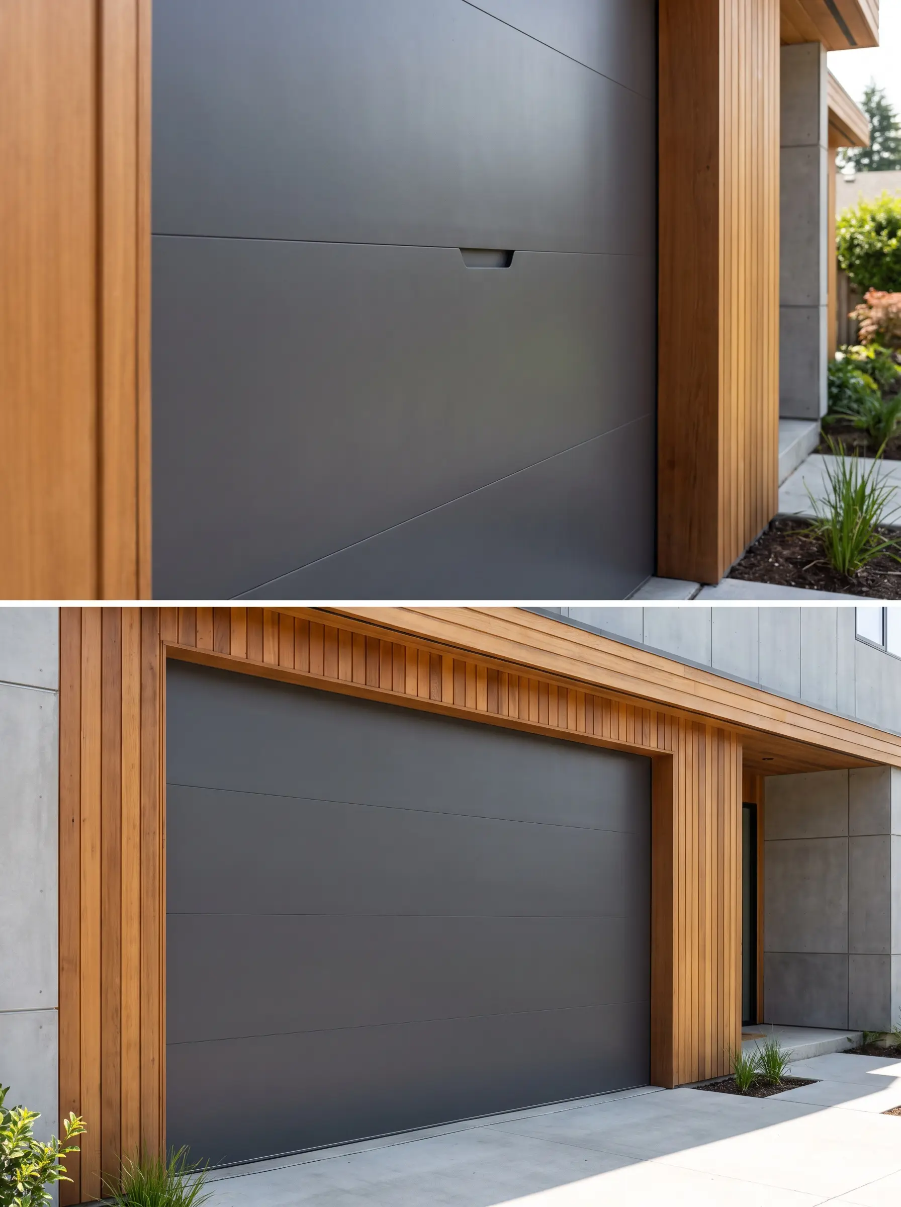 A minimalist garage door features a smooth monolithic surface with a hidden routed finger pull and concealed color-matched tracks framed by contemporary wood siding.