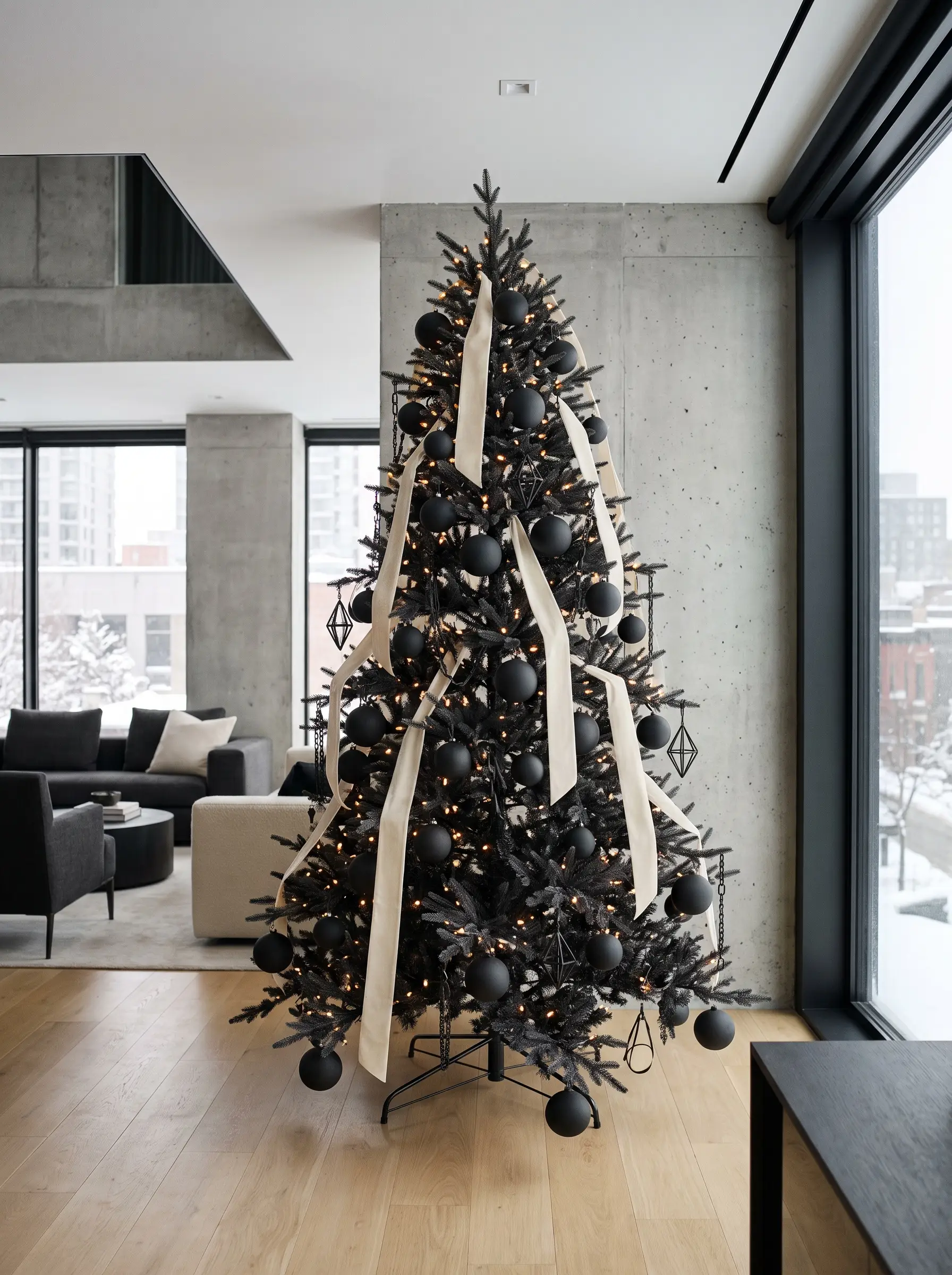 A modern minimalist tree displays Sherwin-Williams Tricorn Black matte ceramic ornaments alongside cascading Farrow & Ball School House White silk velvet ribbons and dark iron accents.