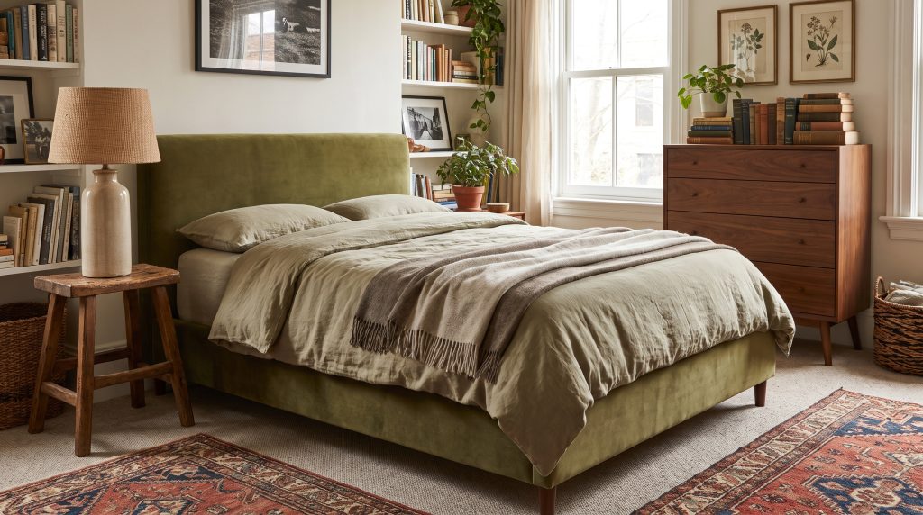 An upholstered bed is flanked by mismatched vintage nightstands featuring an antique wooden milking stool and a mid-century walnut chest.