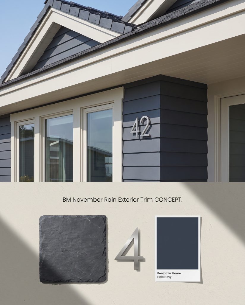 A two-part conceptual board featuring light greige exterior trim against dark navy siding above a textured flat-lay of charcoal slate and brushed steel.