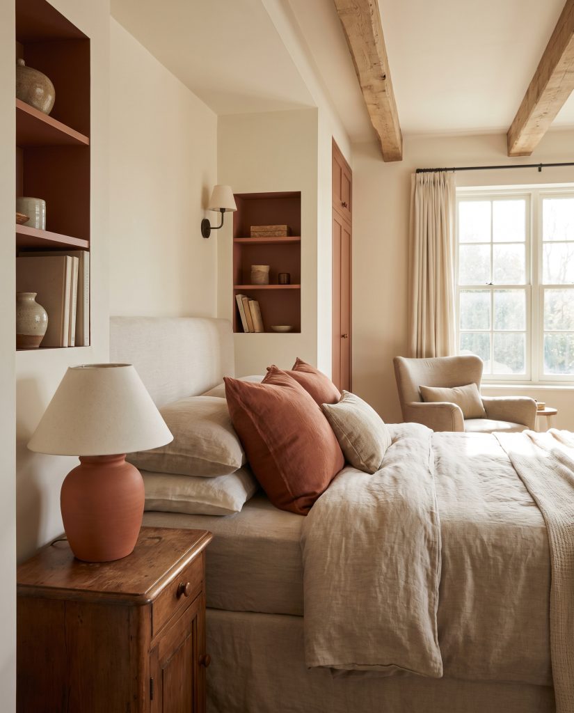 A rust-colored linen throw pillow and a terracotta ceramic table lamp sit near built-in accents painted Benjamin Moore Audubon Russet.