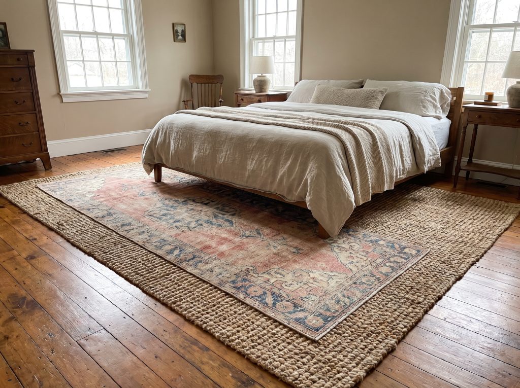 A modern farmhouse bedroom features a faded vintage Oushak wool runner layered over a chunky braided jute rug beneath a king-sized bed.