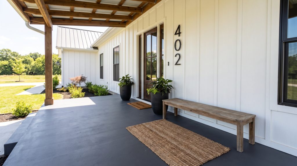 A modern farmhouse concrete porch showcases a deep charcoal painted floor contrasting sharply against crisp white siding, a wooden bench, and black house numbers.