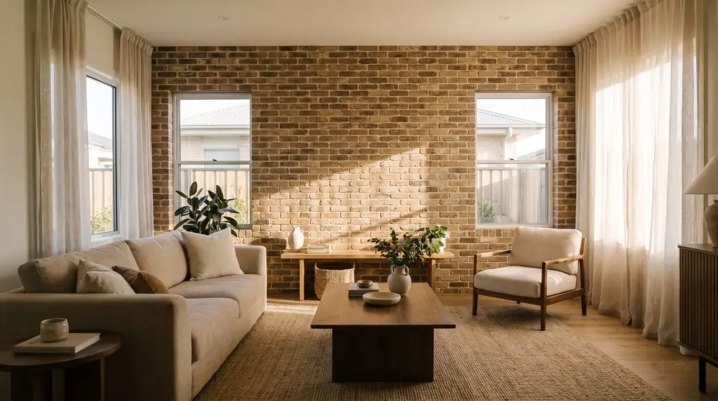 A modern living room centers around a textured brick accent wall, featuring a plush beige sofa, matte walnut coffee table, and sheer linen drapery.