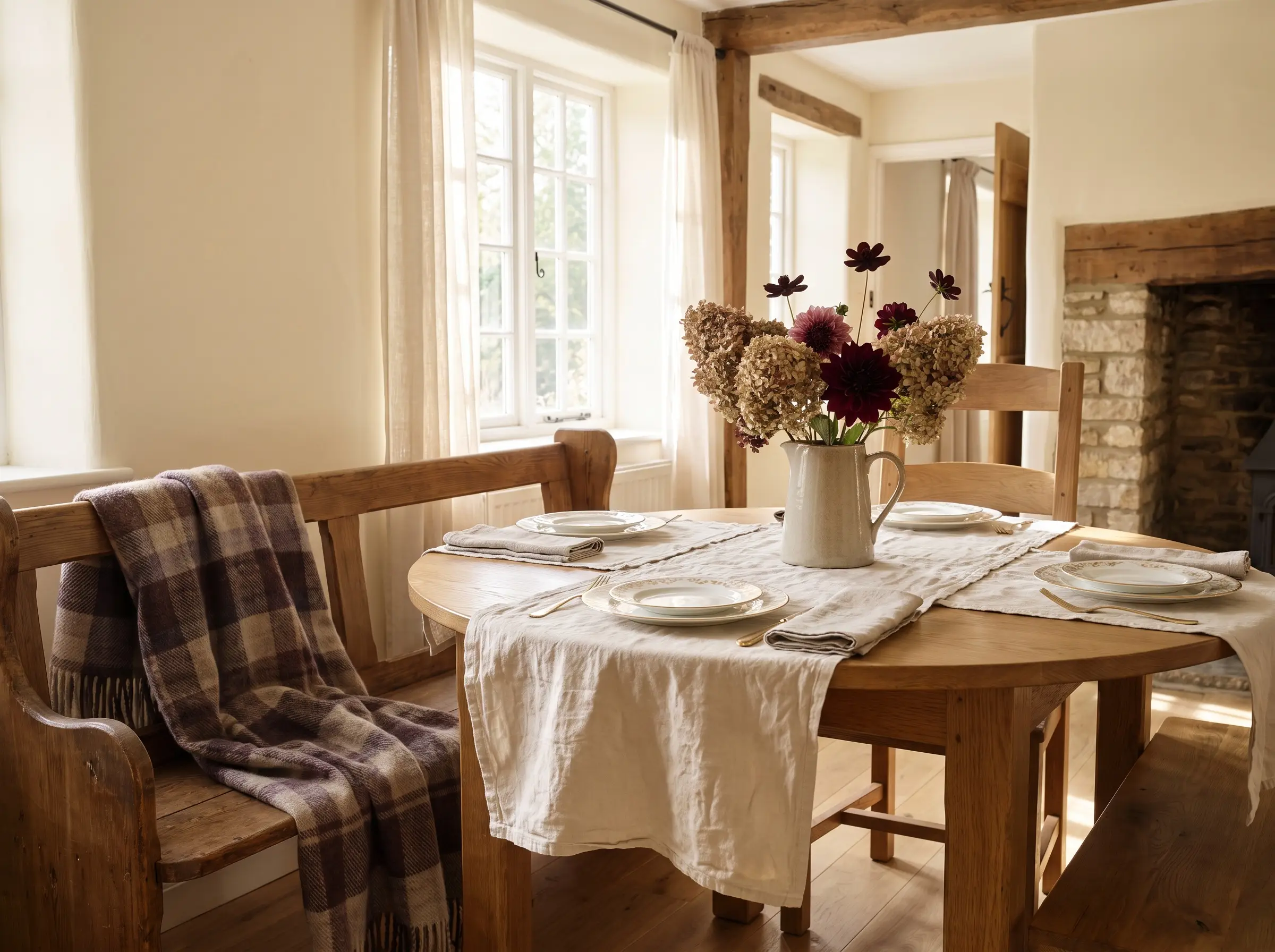 A standard oak dining table features unbleached cotton runners, bone china dinnerware, and chocolate floral accents inside a swiss coffee painted dining room.