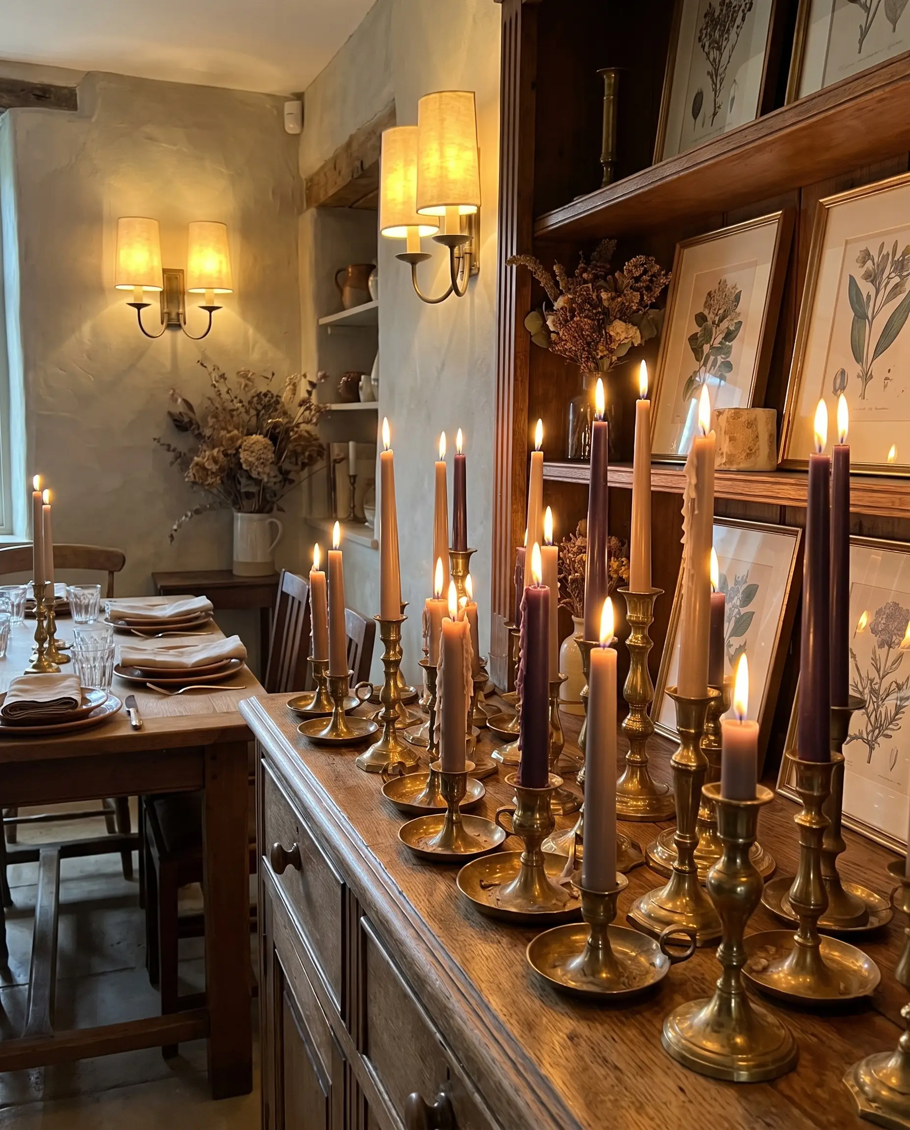 Dripless beeswax taper candles in taupe and aubergine stand in mismatched vintage brass holders atop a wooden dining room sideboard.