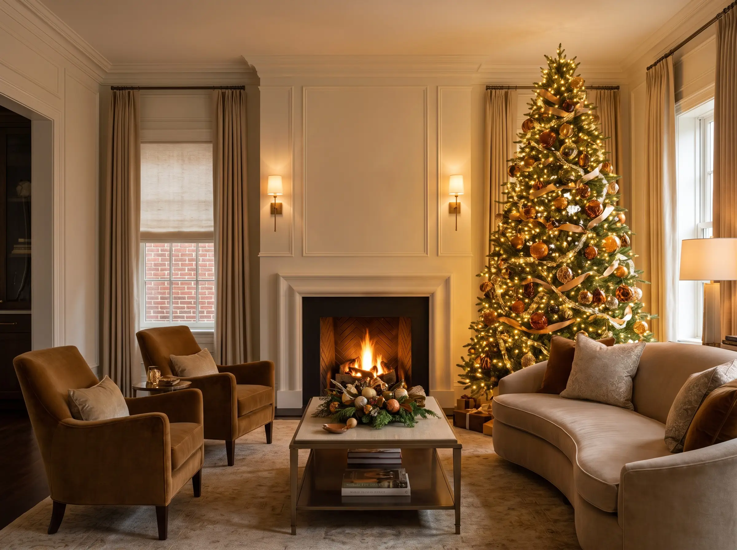 Monochromatic amber translucent glass baubles, tortoiseshell acrylic accents, and oxidized bronze ornaments define this elegant 2026 Christmas tree decor illuminated by warm cluster lights.