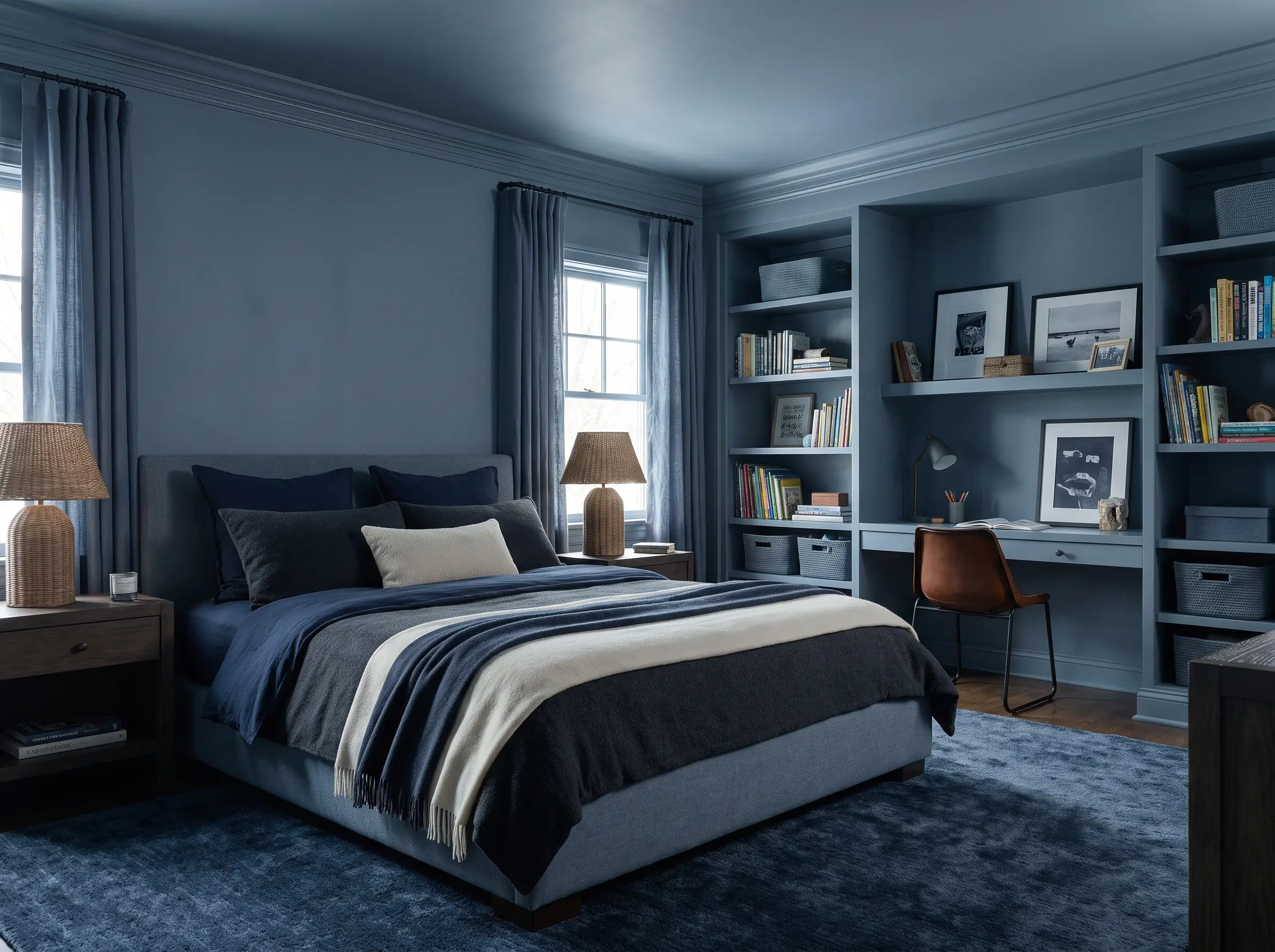 A monochromatic color drench technique showcases muddy slate-blue paint colors for boys room walls, baseboards, interior doors, and window casings in a dead-flat finish.
