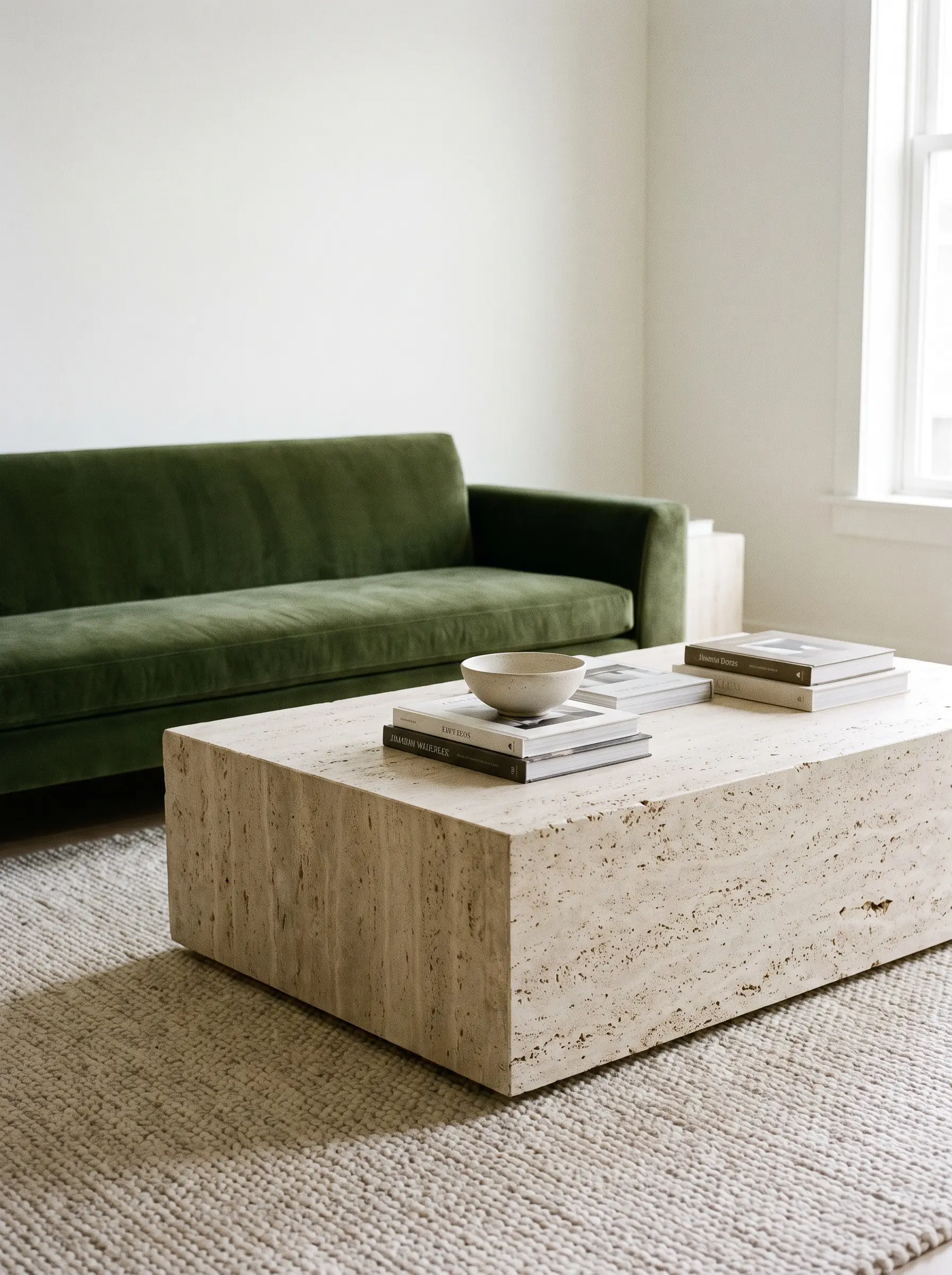 A massive monolithic coffee table crafted from unfilled honed travertine anchors a seating area featuring a low-profile velvet sofa and hand-knotted wool rug.