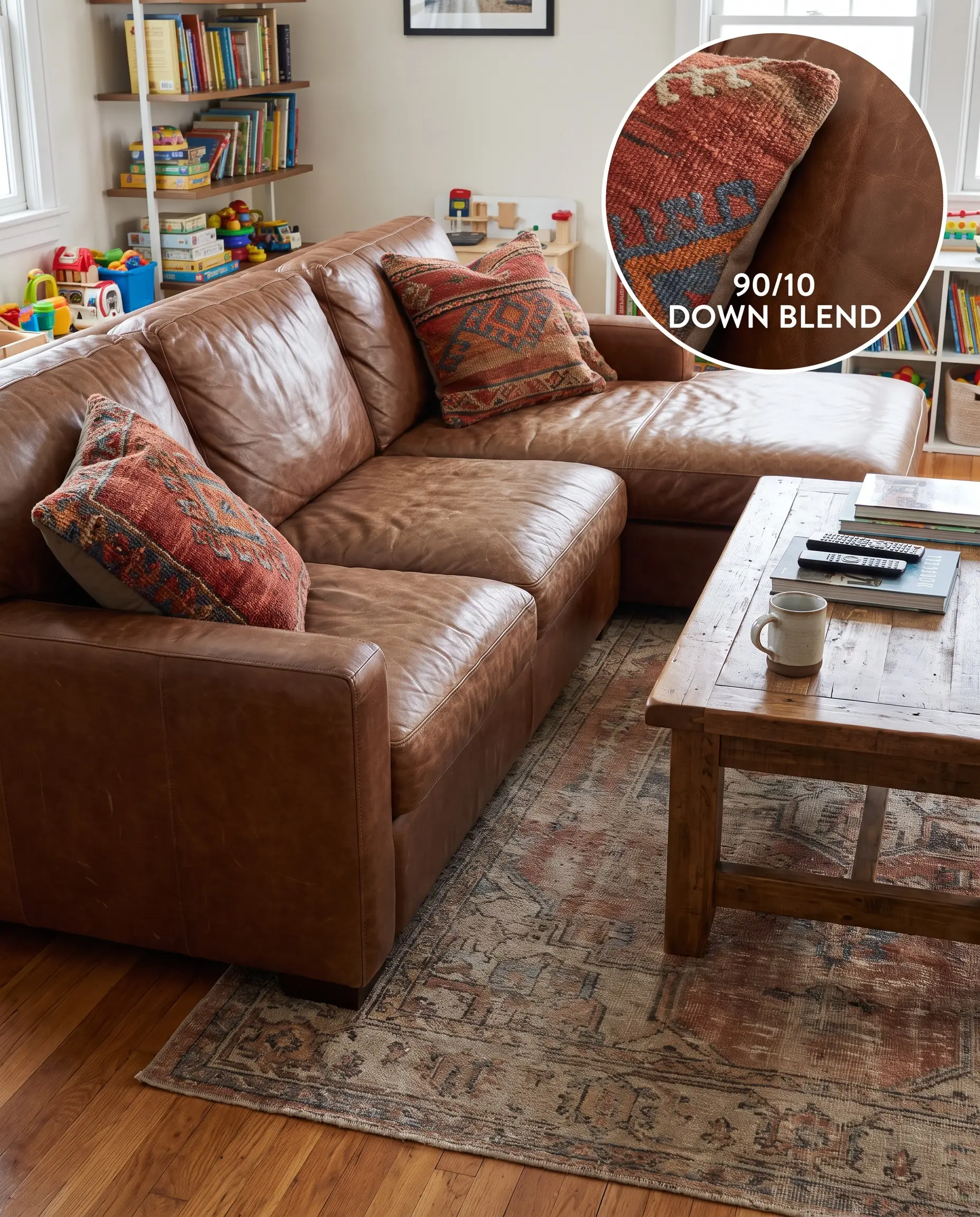 Coarse Moroccan flat-weave wool cushions with down-feather inserts physically anchor into the corners of smooth upholstery behind a sturdy wood coffee table.