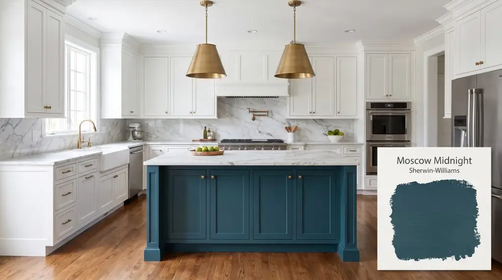 A deep teal kitchen island painted in Sherwin-Williams Moscow Midnight (Hex #204652) contrasts against crisp white perimeter cabinets and marble countertops.