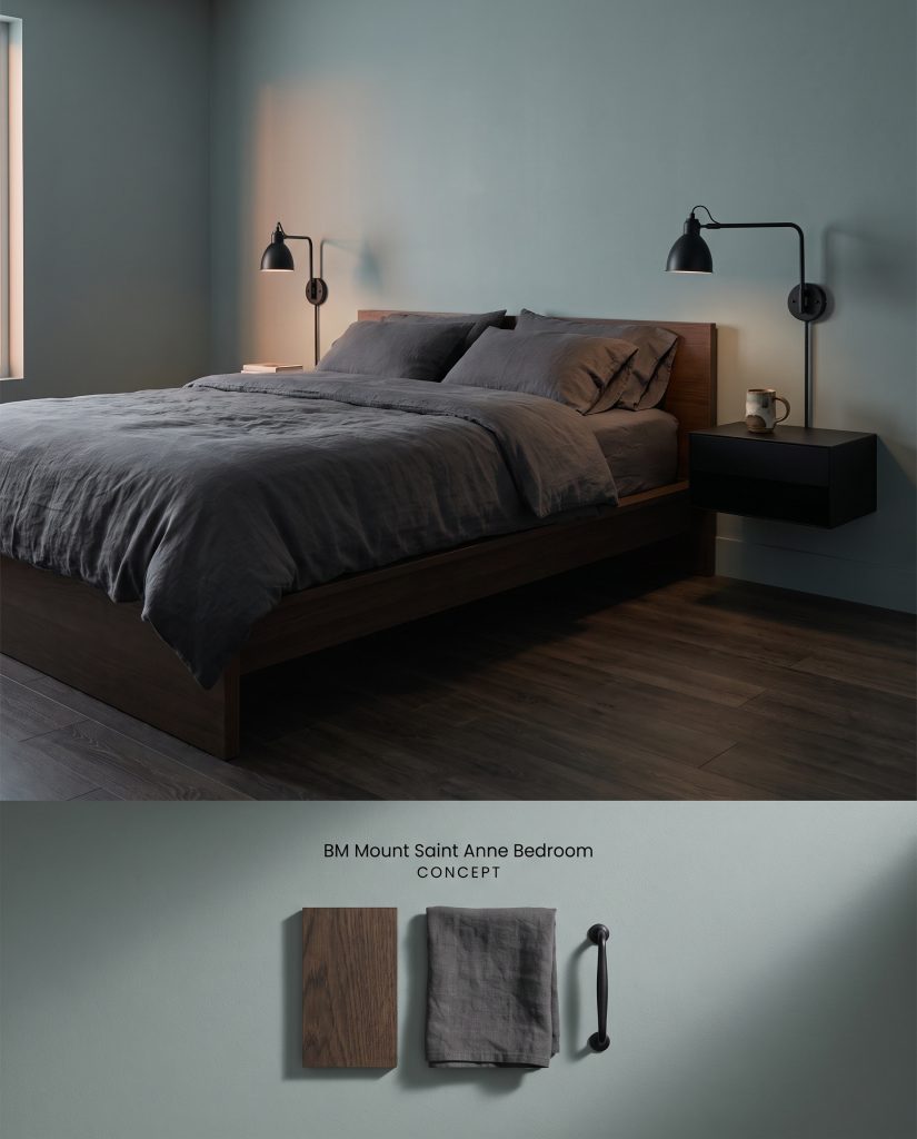 A composite digital board featuring a muted blue-green bedroom setup over a flat-lay of smoked oak, charcoal linen, and matte black metal.